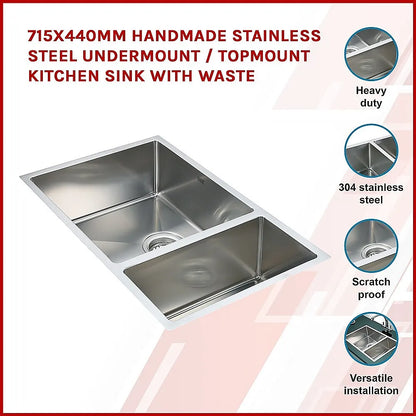 715x440mm Handmade Stainless Steel Undermount / Topmount Kitchen Sink with Waste - Image 3