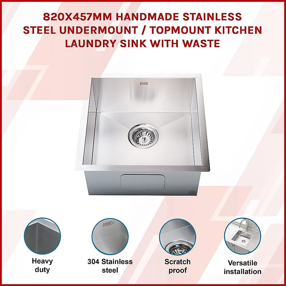 820x457mm Handmade Stainless Steel Undermount / Topmount Kitchen Laundry Sink with Waste - Image 3