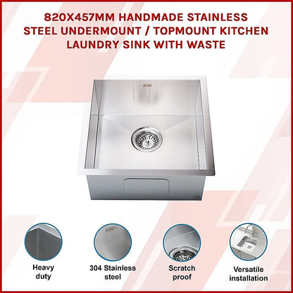 820x457mm Handmade Stainless Steel Undermount / Topmount Kitchen Laundry Sink with Waste - Image 3