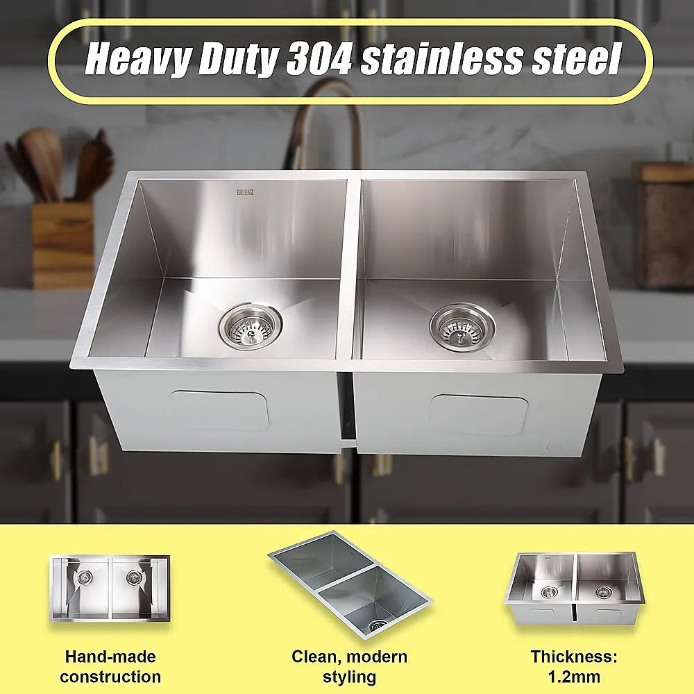 820x457mm Handmade Stainless Steel Undermount / Topmount Kitchen Laundry Sink with Waste - Image 6