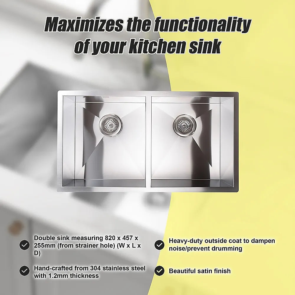 820x457mm Handmade Stainless Steel Undermount / Topmount Kitchen Laundry Sink with Waste - Image 9