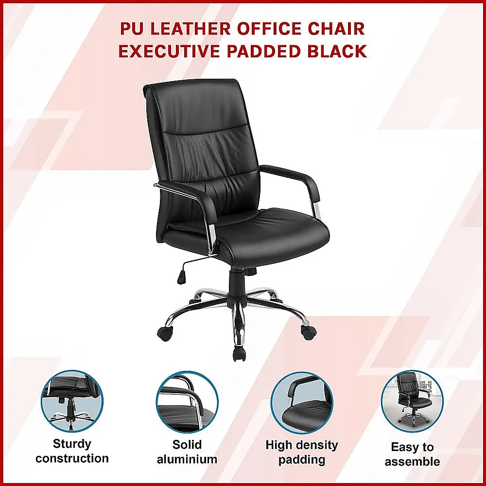 PU Leather Office Chair – Ergonomic Executive Swivel Desk Chair with Padded Seat in Black - Image 3