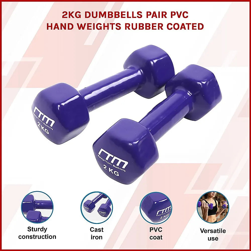 2kg Dumbbells Pair PVC Hand Weights Rubber Coated - Image 3