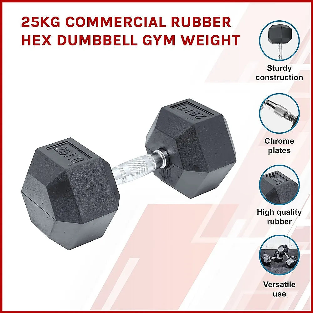 25KG Commercial Rubber Hex Dumbbell Gym Weight - Image 3