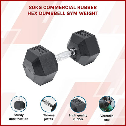 20KG Commercial Rubber Hex Dumbbell Gym Weight - Image 3