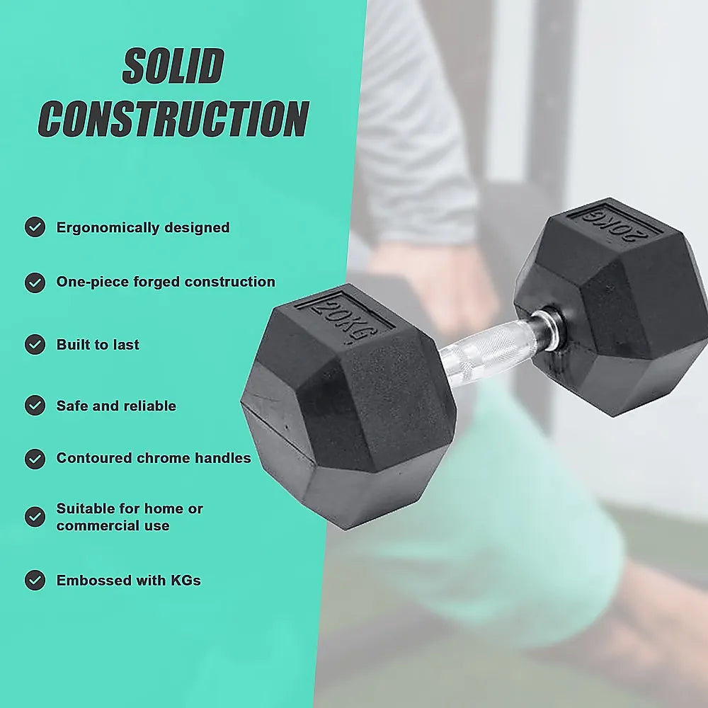 20KG Commercial Rubber Hex Dumbbell Gym Weight - Image 8