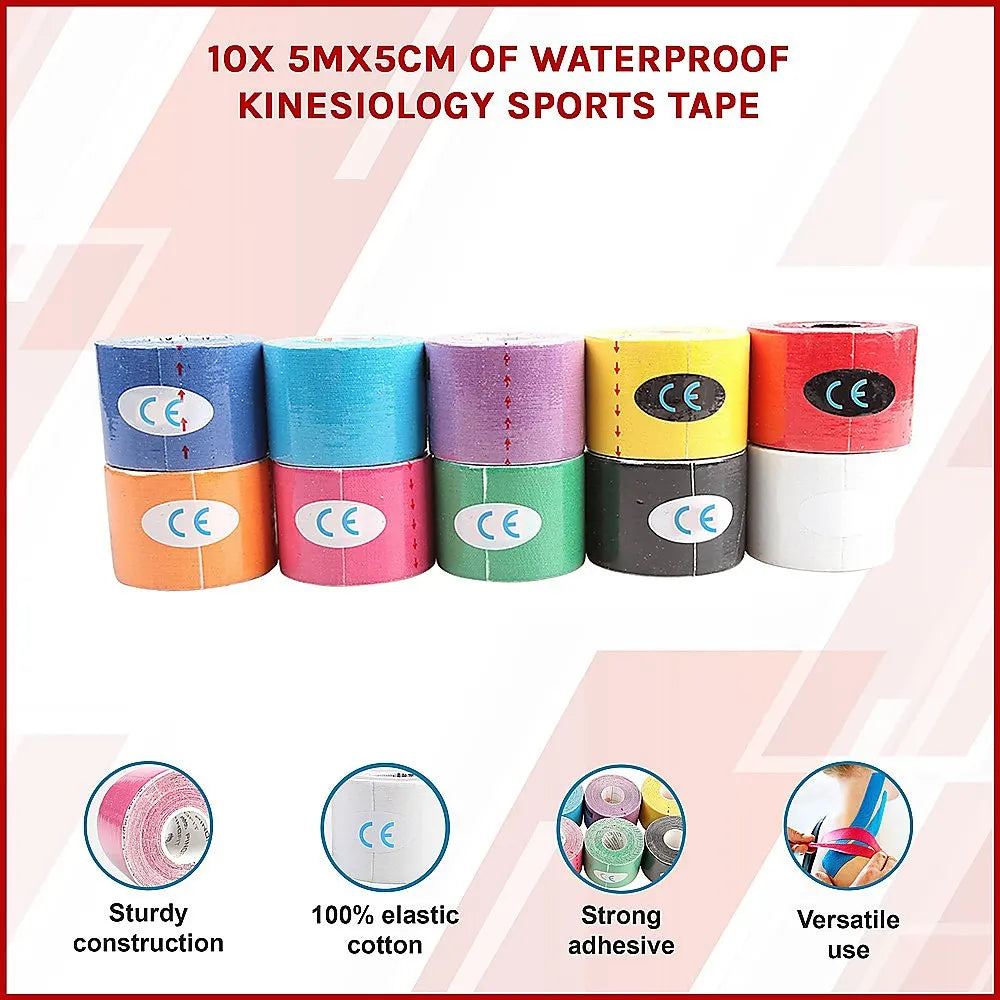 10 Rolls Muscle & Injury Kinesiology Sports Tape 5m x 5cm – Waterproof Support - Image 3