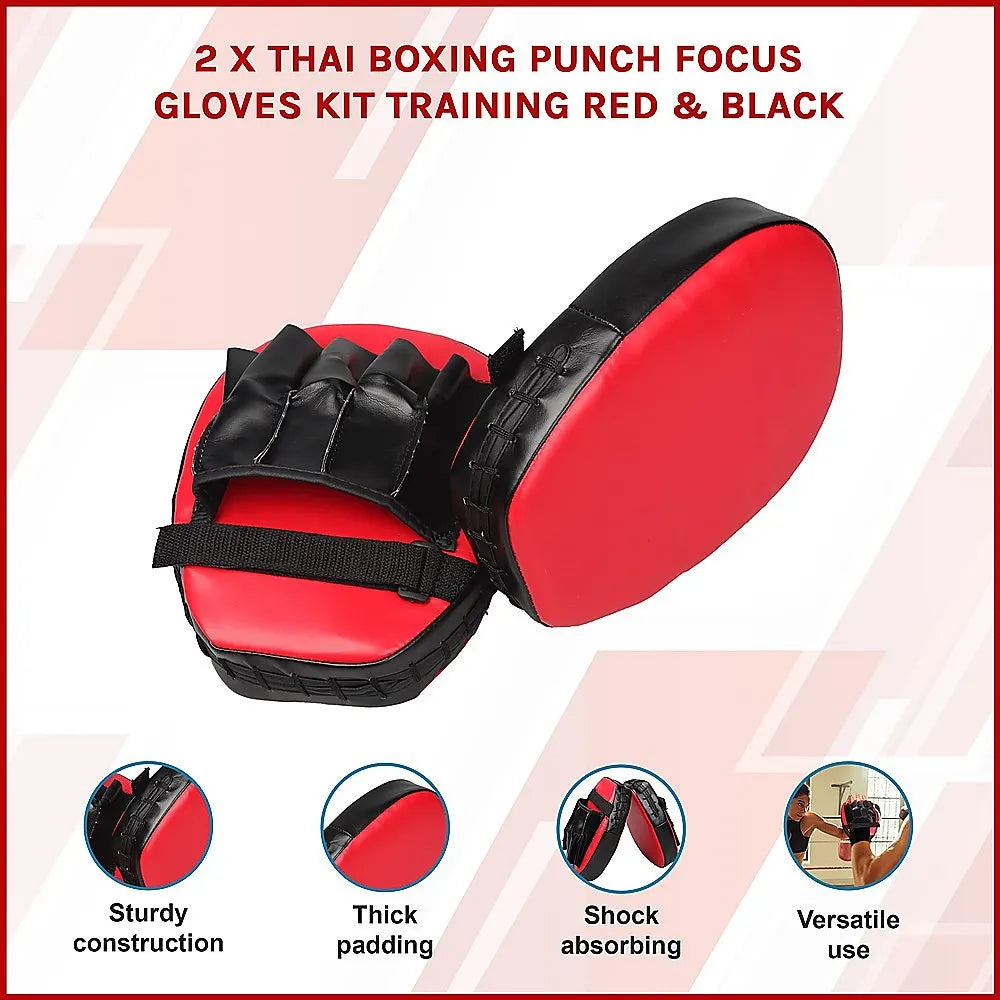 2 x Thai Boxing Punch Focus Gloves Kit Training Red & Black Pads - Image 3