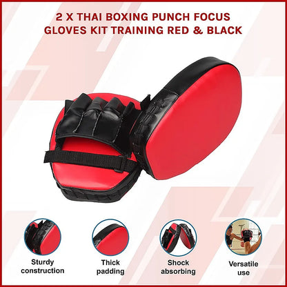 2 x Thai Boxing Punch Focus Gloves Kit Training Red & Black Pads - Image 3