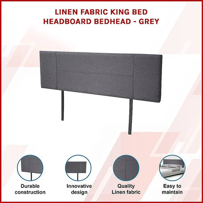 Linen Fabric King Bed Headboard Bedhead - Grey - Image 3