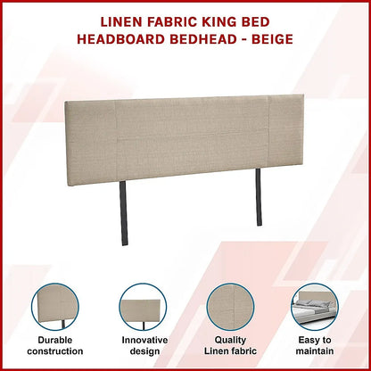 Linen Fabric King Bed Headboard Bedhead - Beige - Image 3