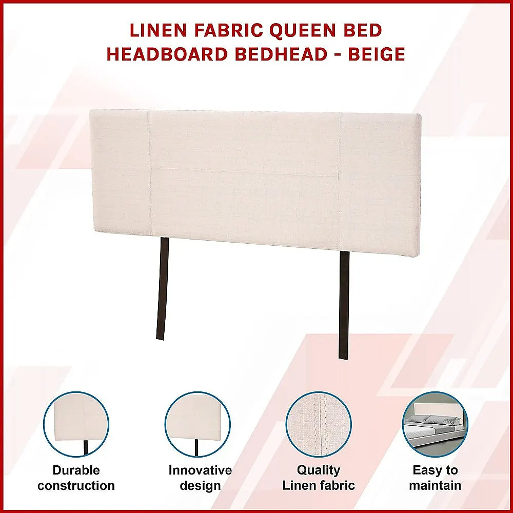 Linen Fabric Queen Bed Headboard Bedhead - Beige - Image 3
