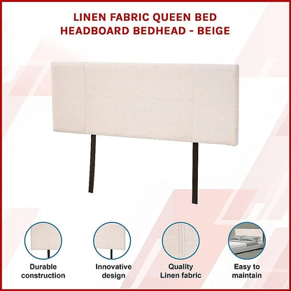 Linen Fabric Queen Bed Headboard Bedhead - Beige - Image 3