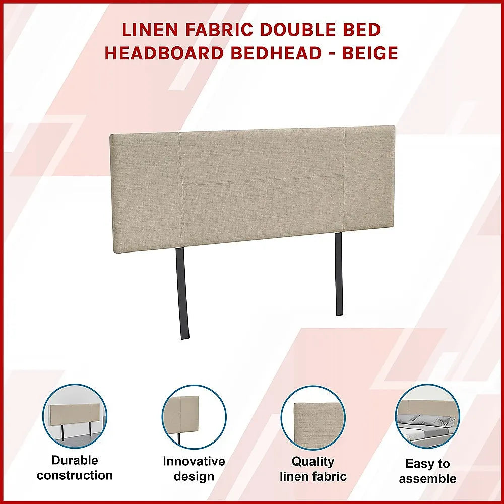 Linen Fabric Double Bed Headboard Bedhead - Beige - Image 3