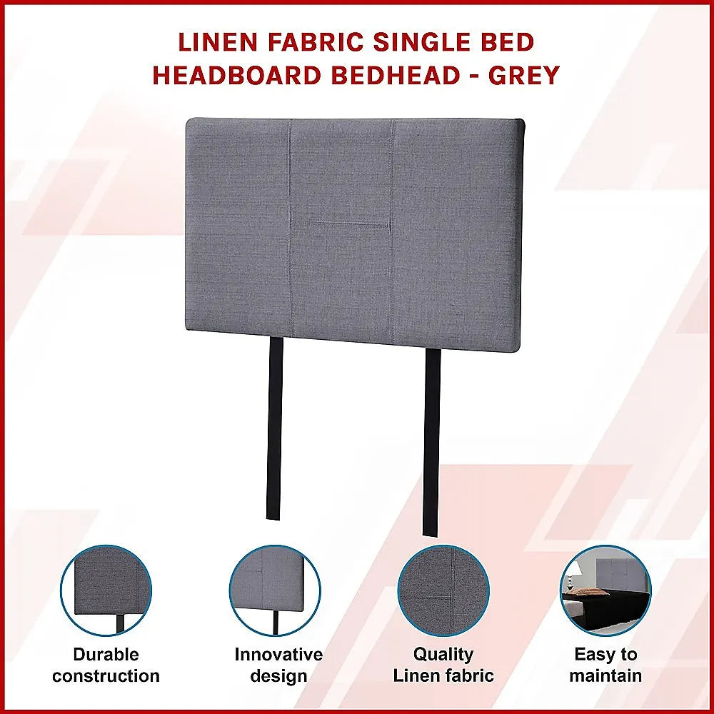 Linen Fabric Single Bed Headboard Bedhead - Grey - Image 3