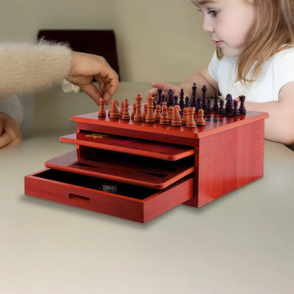 10 in 1 Wooden Chess Board Games Slide Out Checkers House Unit Set - Image 2