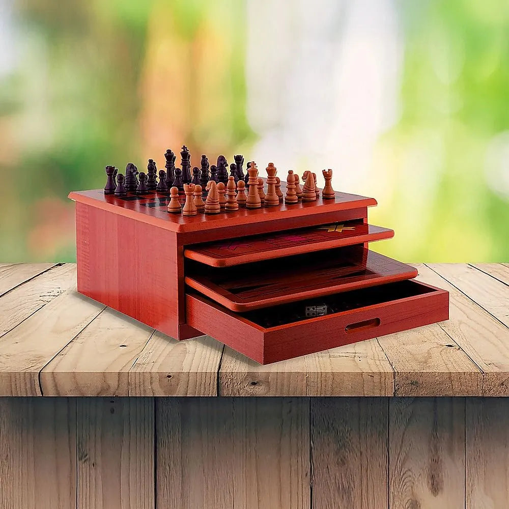 10 in 1 Wooden Chess Board Games Slide Out Checkers House Unit Set - Image 3