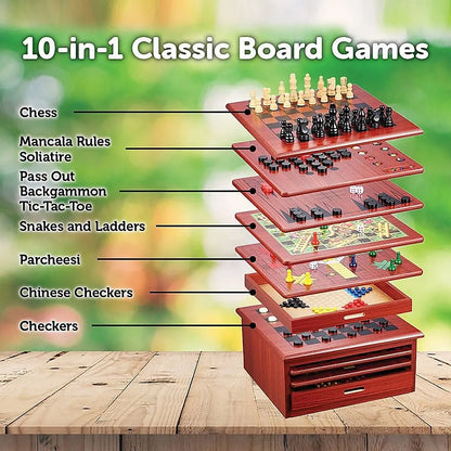 10 in 1 Wooden Chess Board Games Slide Out Checkers House Unit Set - Image 4