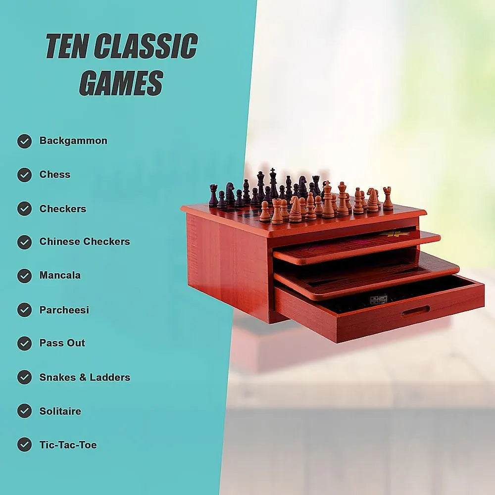 10 in 1 Wooden Chess Board Games Slide Out Checkers House Unit Set - Image 5