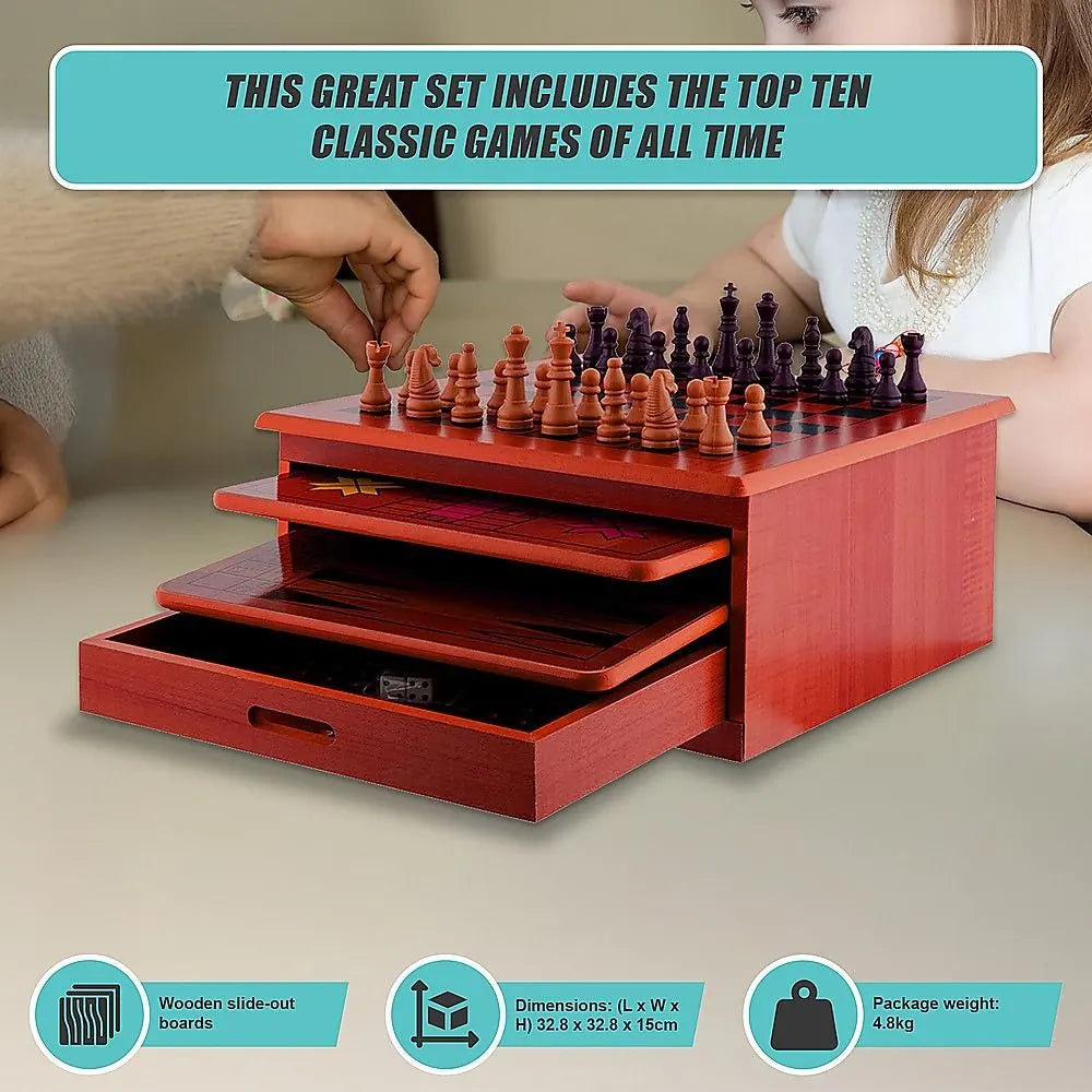 10 in 1 Wooden Chess Board Games Slide Out Checkers House Unit Set - Image 6