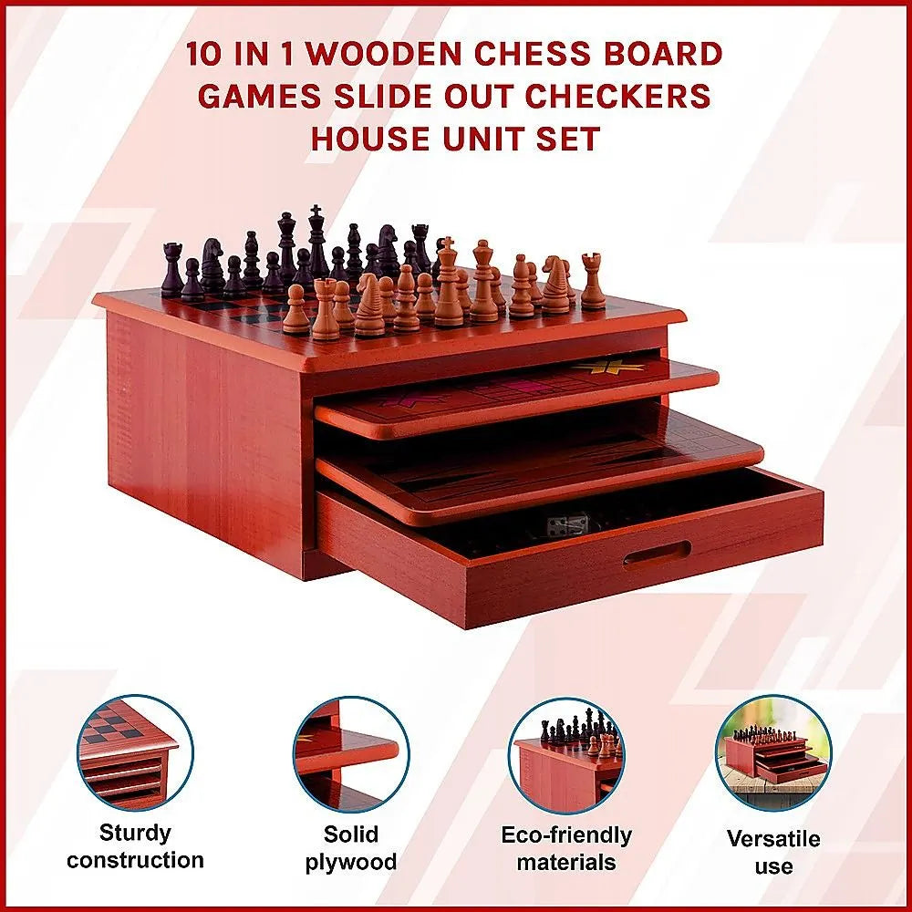 10 in 1 Wooden Chess Board Games Slide Out Checkers House Unit Set - Image 7