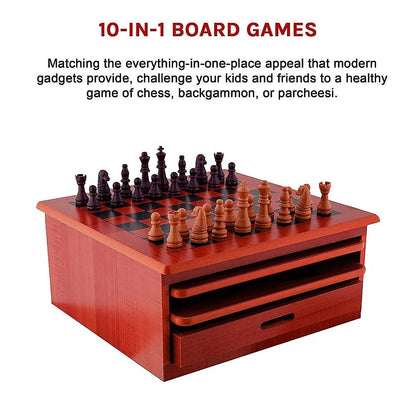 10 in 1 Wooden Chess Board Games Slide Out Checkers House Unit Set - Image 9