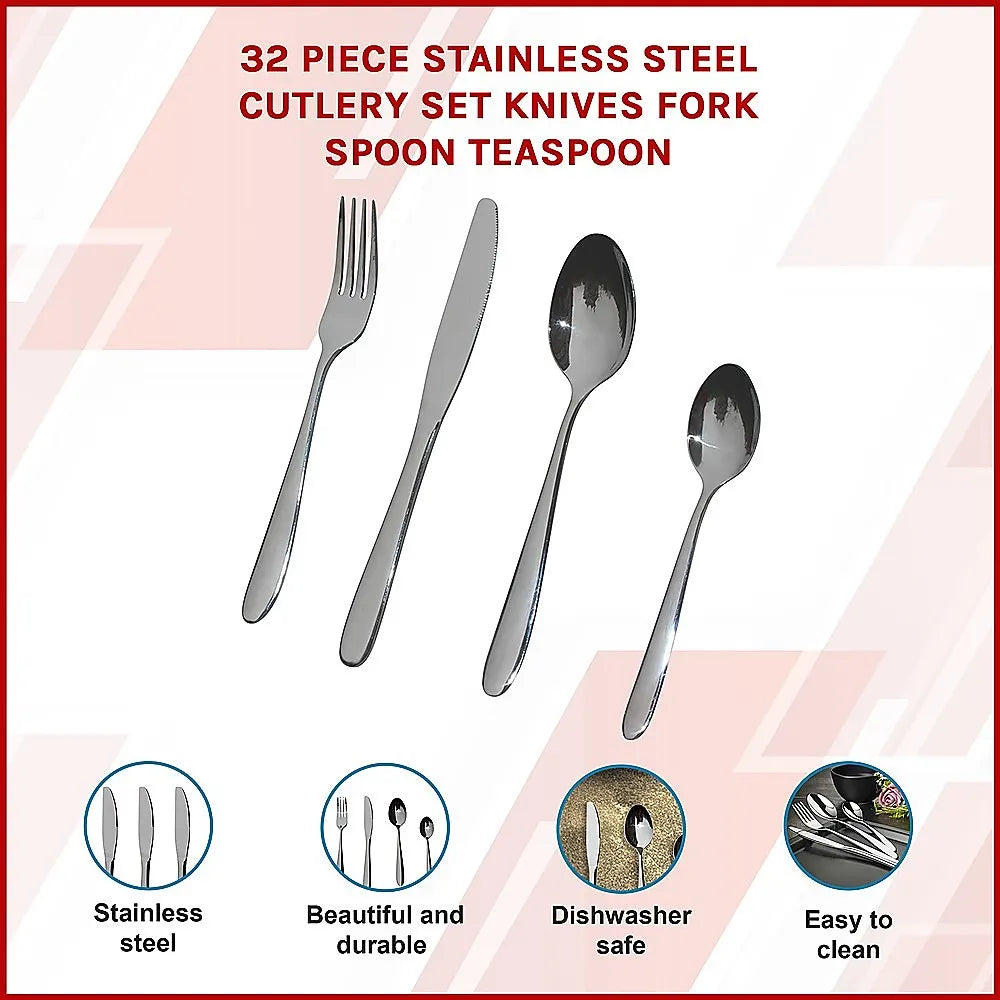 32 Piece Stainless Steel Cutlery Set Knives Fork Spoon Teaspoon - Image 3