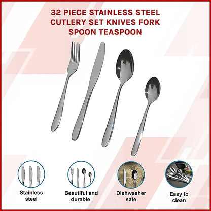 32 Piece Stainless Steel Cutlery Set Knives Fork Spoon Teaspoon - Image 3