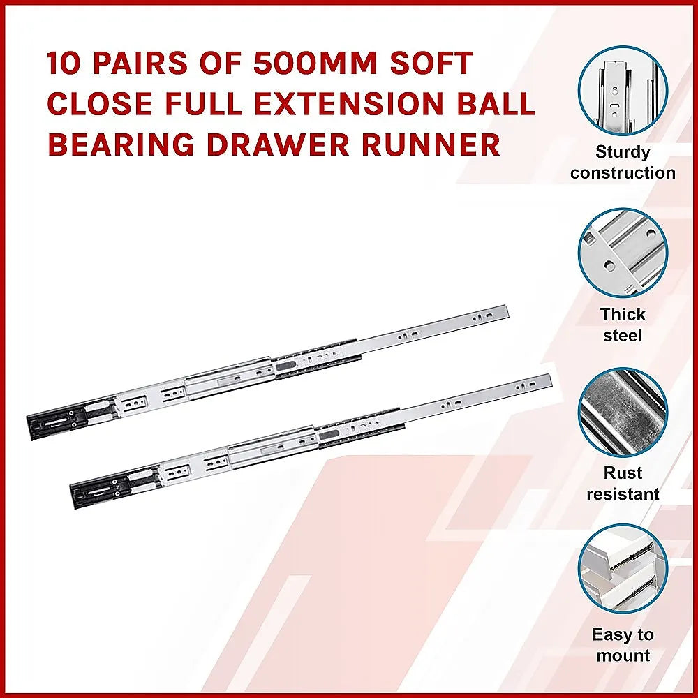 10 Pairs of 500mm Soft Close Full Extension Ball Bearing Drawer Runner - Image 3