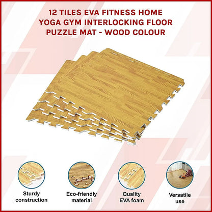 12 Tile EVA Interlocking Gym Floor Mats Wood Colour for Home Yoga - Image 3