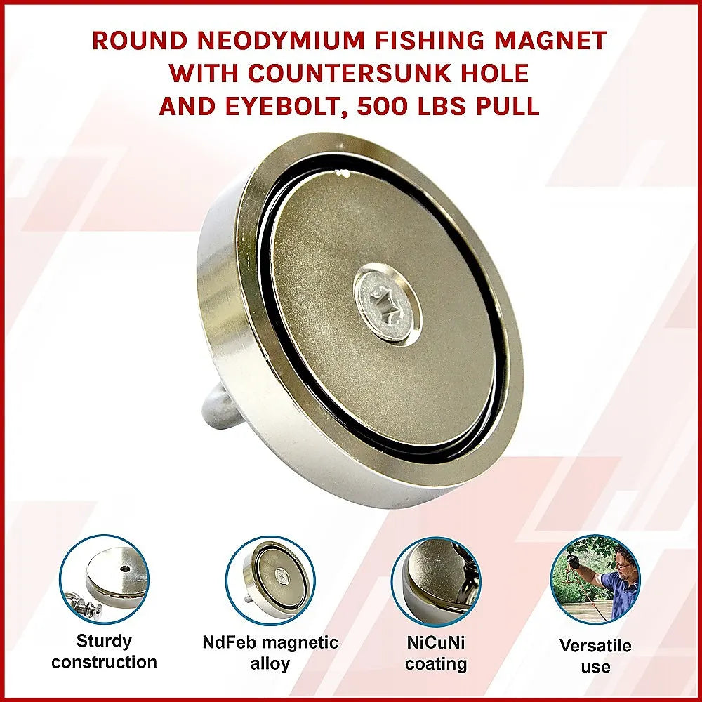 Round Neodymium Fishing Magnet with Countersunk Hole and Eyebolt, 500 LBS pull - Image 3