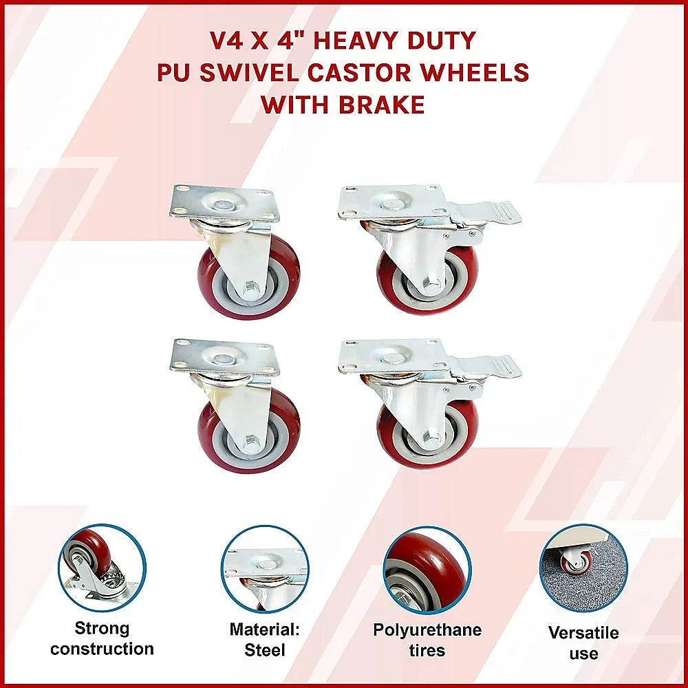 4 x 4" Heavy Duty PU Swivel Castor Wheels With Brake - Image 3