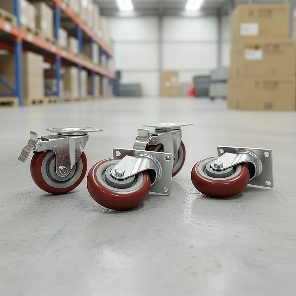 4 x 4" Heavy Duty PU Swivel Castor Wheels With Brake - Image 2