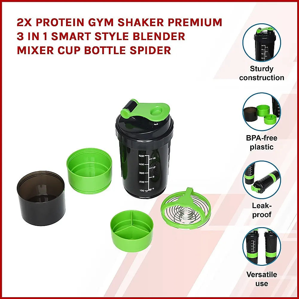 2x Protein Shaker Bottle Set – 3-in-1 Smart Blender Mixer Cup for Gym & Fitness - Image 3