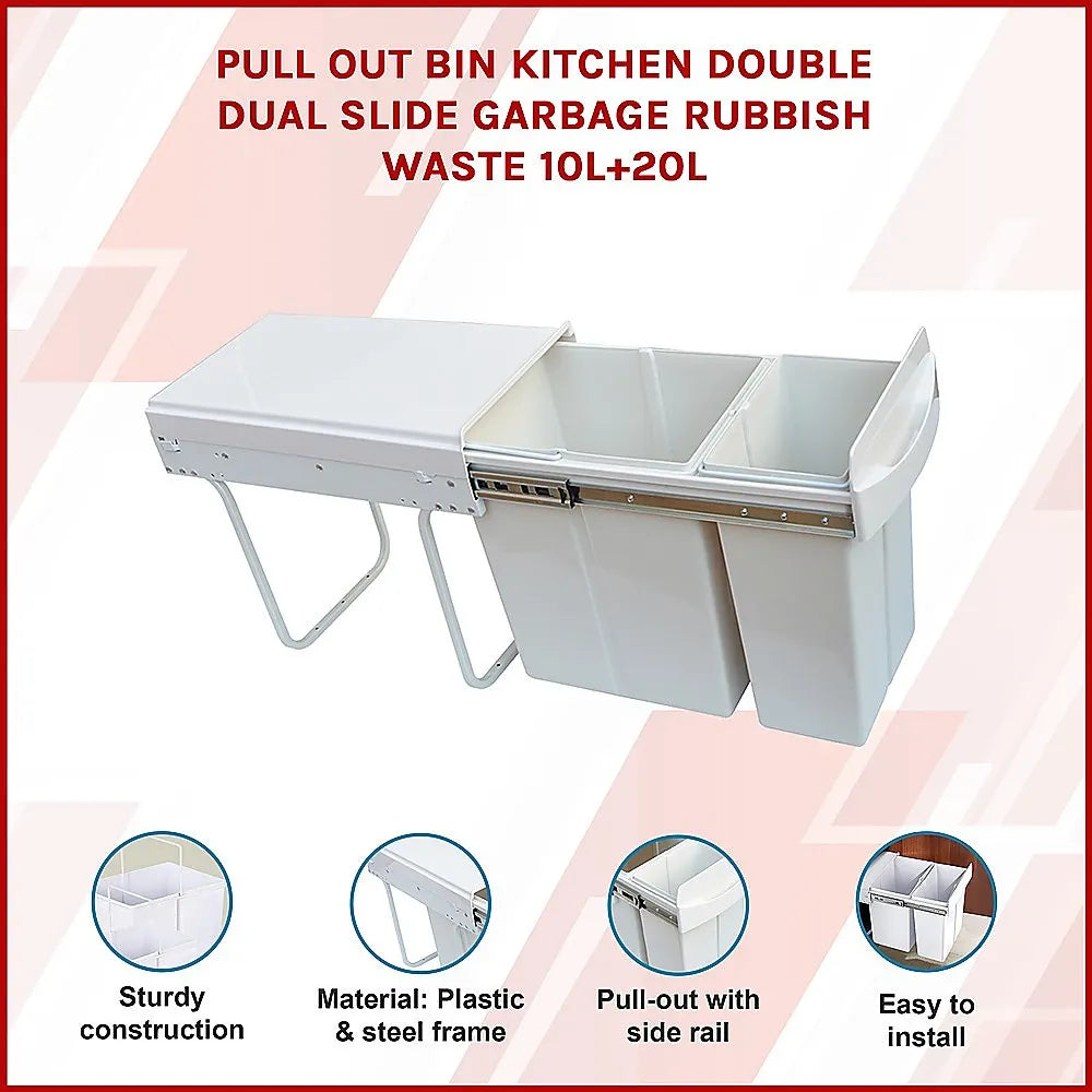 Pull Out Bin Kitchen Double Dual Slide Garbage Rubbish Waste 10L+20L - Image 3