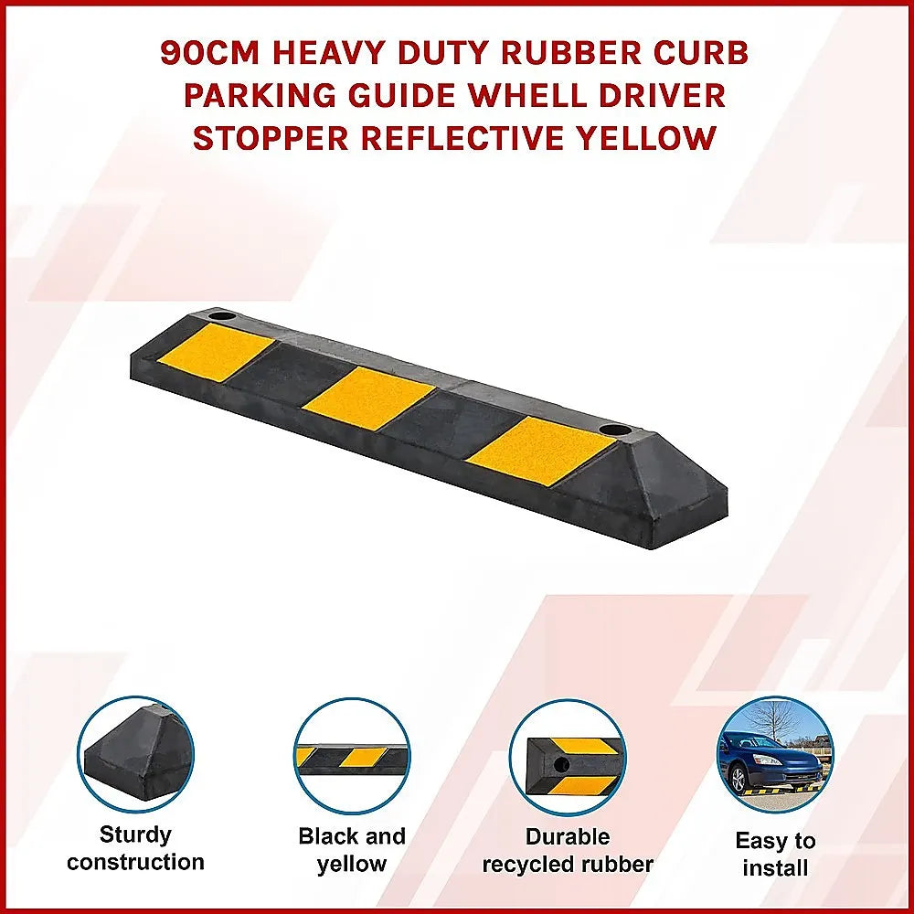 90cm Heavy Duty Rubber Curb Parking Guide Wheel Driveway Stopper Reflective Yellow - Image 3