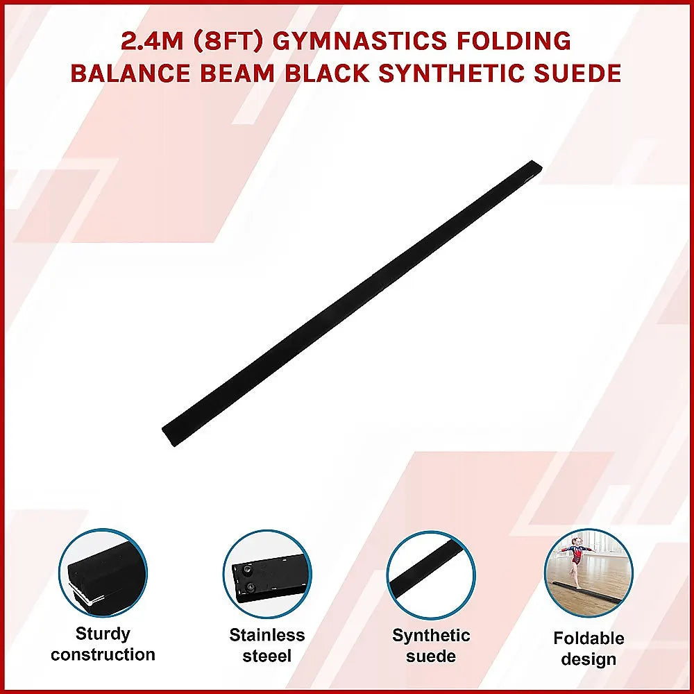 2.4m (8FT) Gymnastics Folding Balance Beam Black Synthetic Suede - Image 3