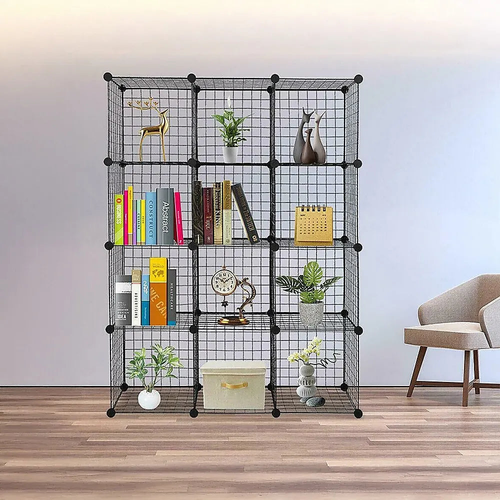 12 Cube Wire Grid Organiser Bookcase Storage Cabinet Wardrobe Closet Black - Image 2