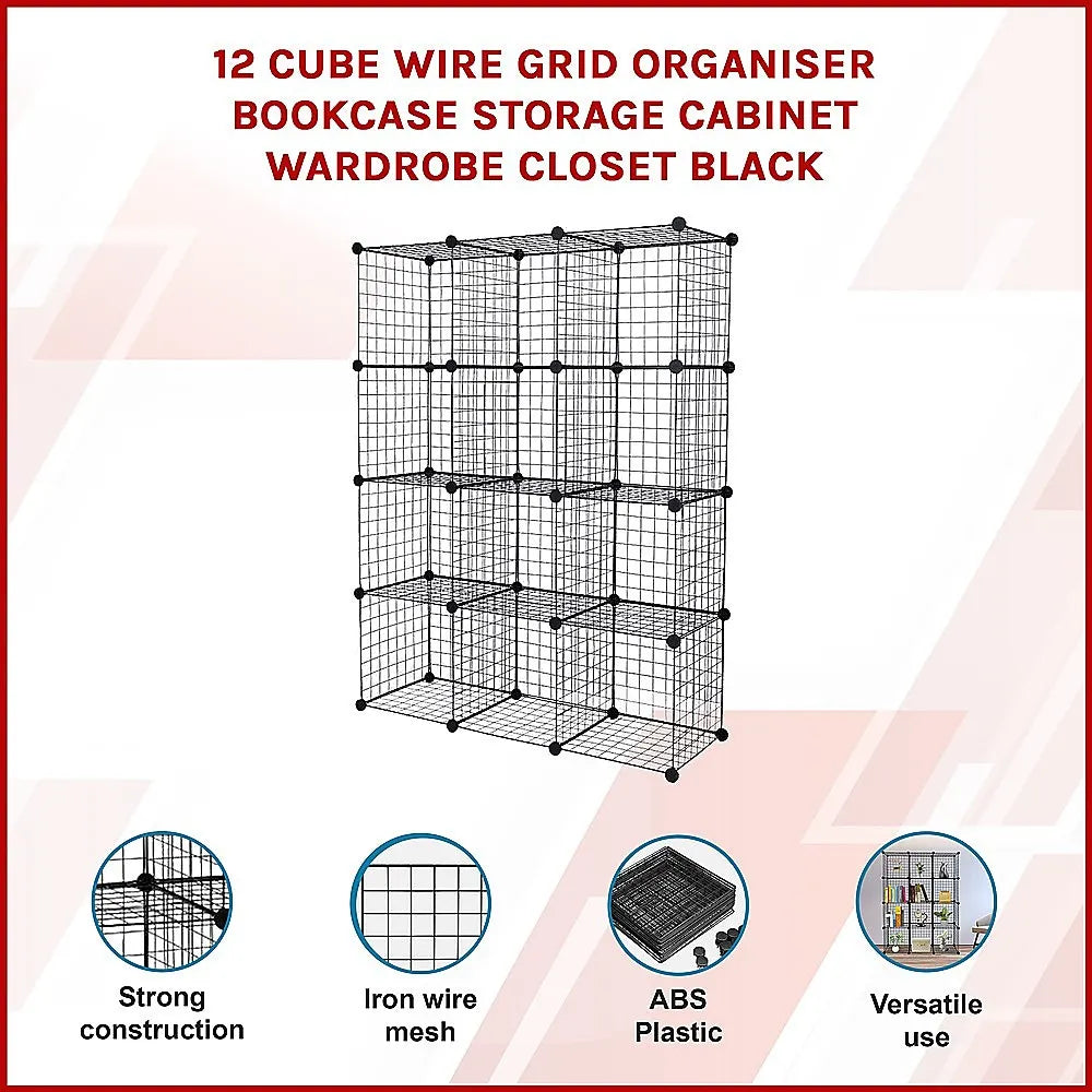12 Cube Wire Grid Organiser Bookcase Storage Cabinet Wardrobe Closet Black - Image 3