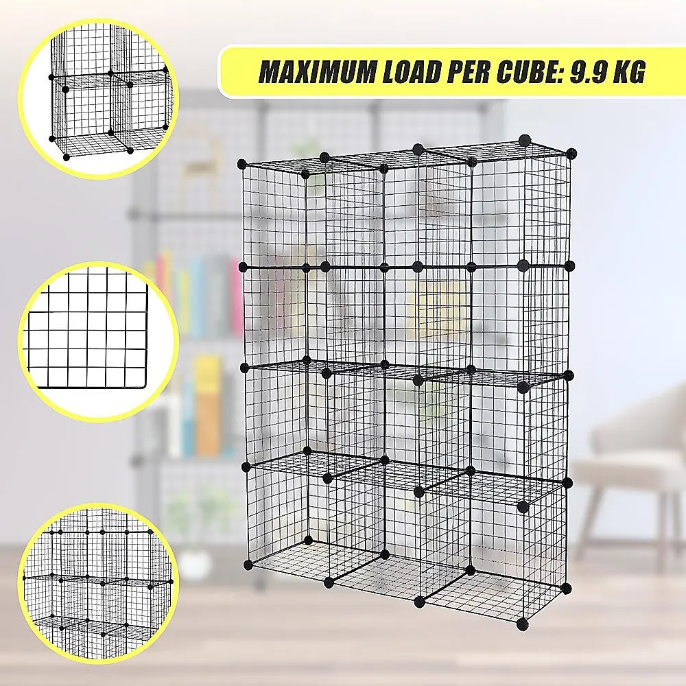 12 Cube Wire Grid Organiser Bookcase Storage Cabinet Wardrobe Closet Black - Image 7