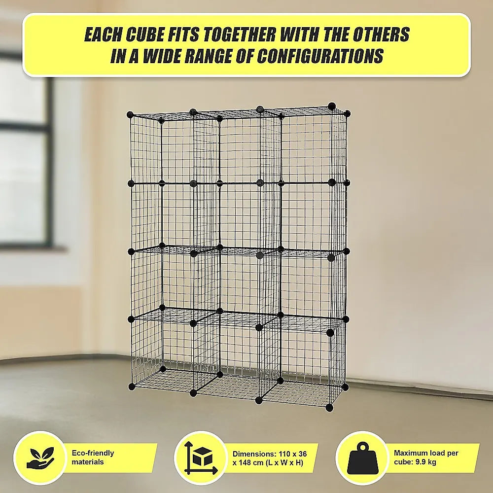 12 Cube Wire Grid Organiser Bookcase Storage Cabinet Wardrobe Closet Black - Image 8