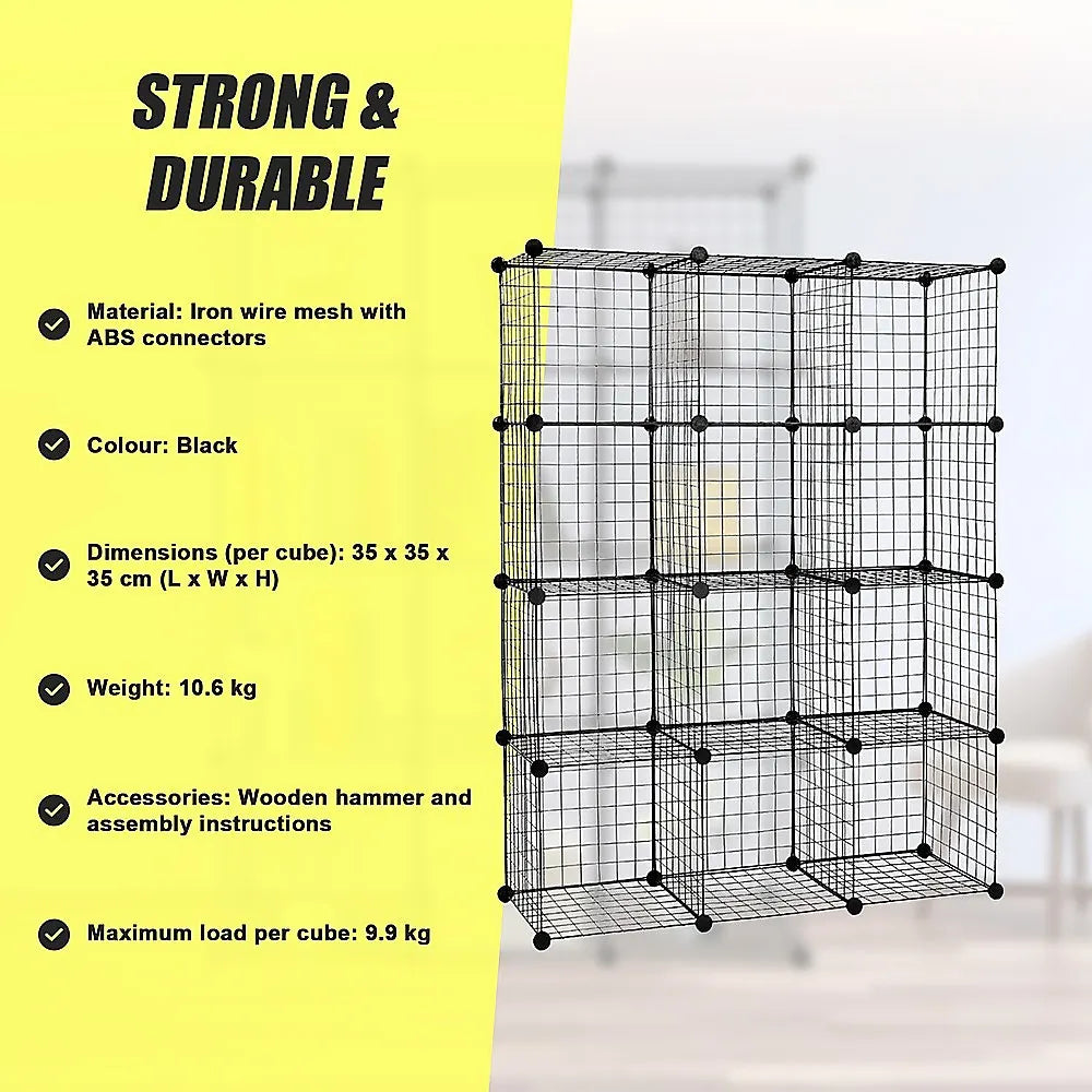 12 Cube Wire Grid Organiser Bookcase Storage Cabinet Wardrobe Closet Black - Image 9