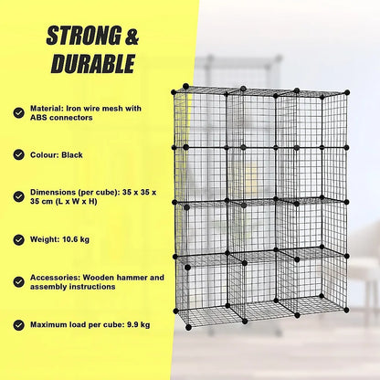 12 Cube Wire Grid Organiser Bookcase Storage Cabinet Wardrobe Closet Black - Image 9