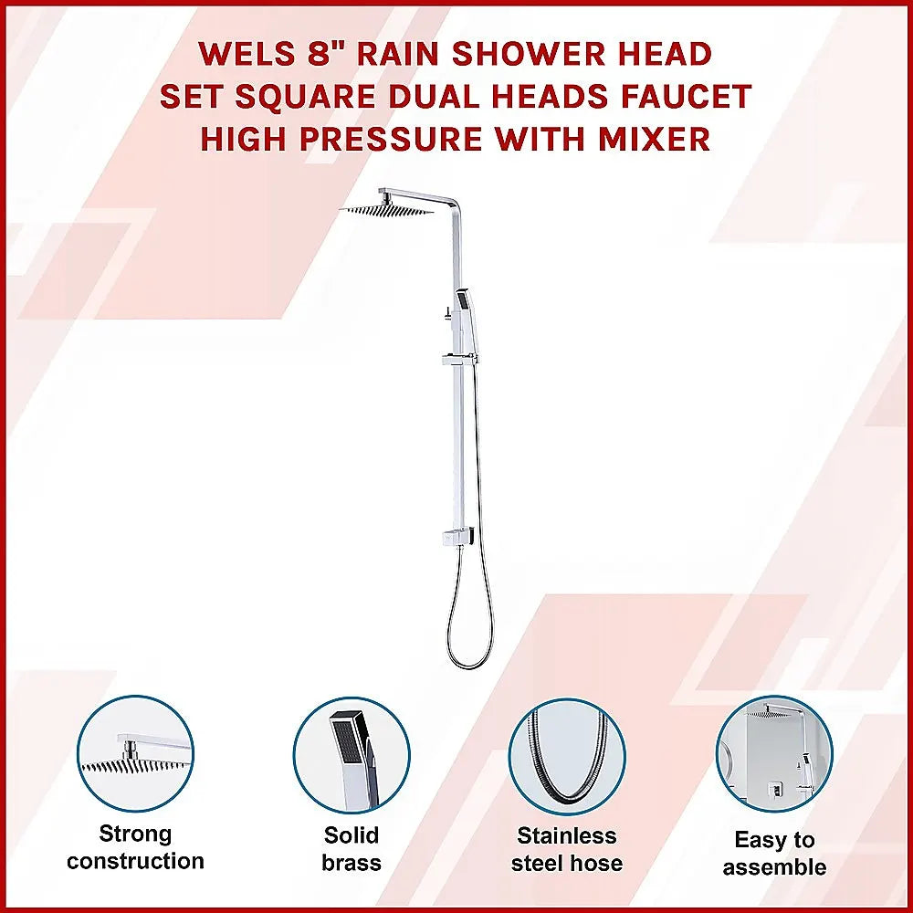 WELS 8" Rain Shower Head Set Square Dual Heads Faucet High Pressure With Mixer - Image 3