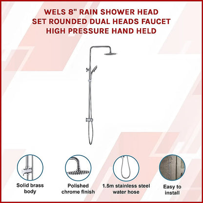 WELS 8" Rain Shower Head Set Rounded Dual Heads Faucet High Pressure Hand Held - Image 3