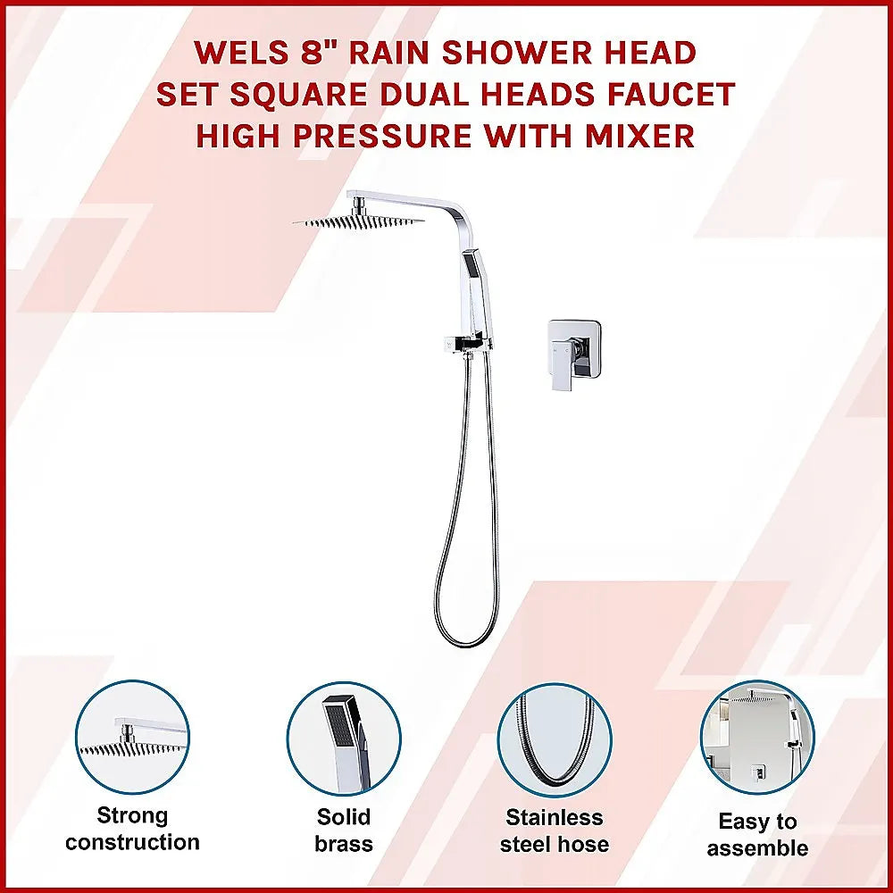 WELS 8" Rain Shower Head Set Square Dual Heads Faucet High Pressure With Mixer - Image 3