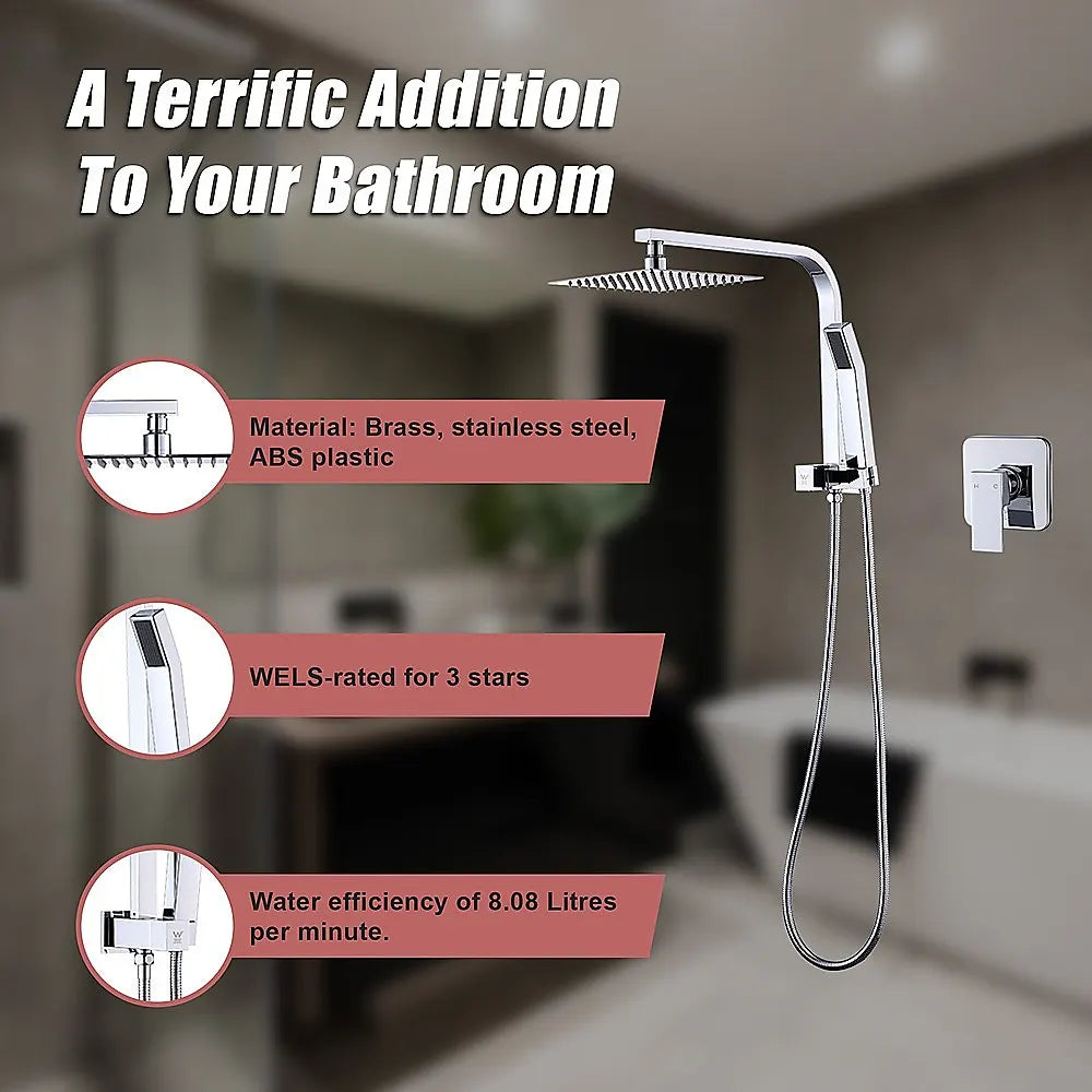 WELS 8" Rain Shower Head Set Square Dual Heads Faucet High Pressure With Mixer - Image 6