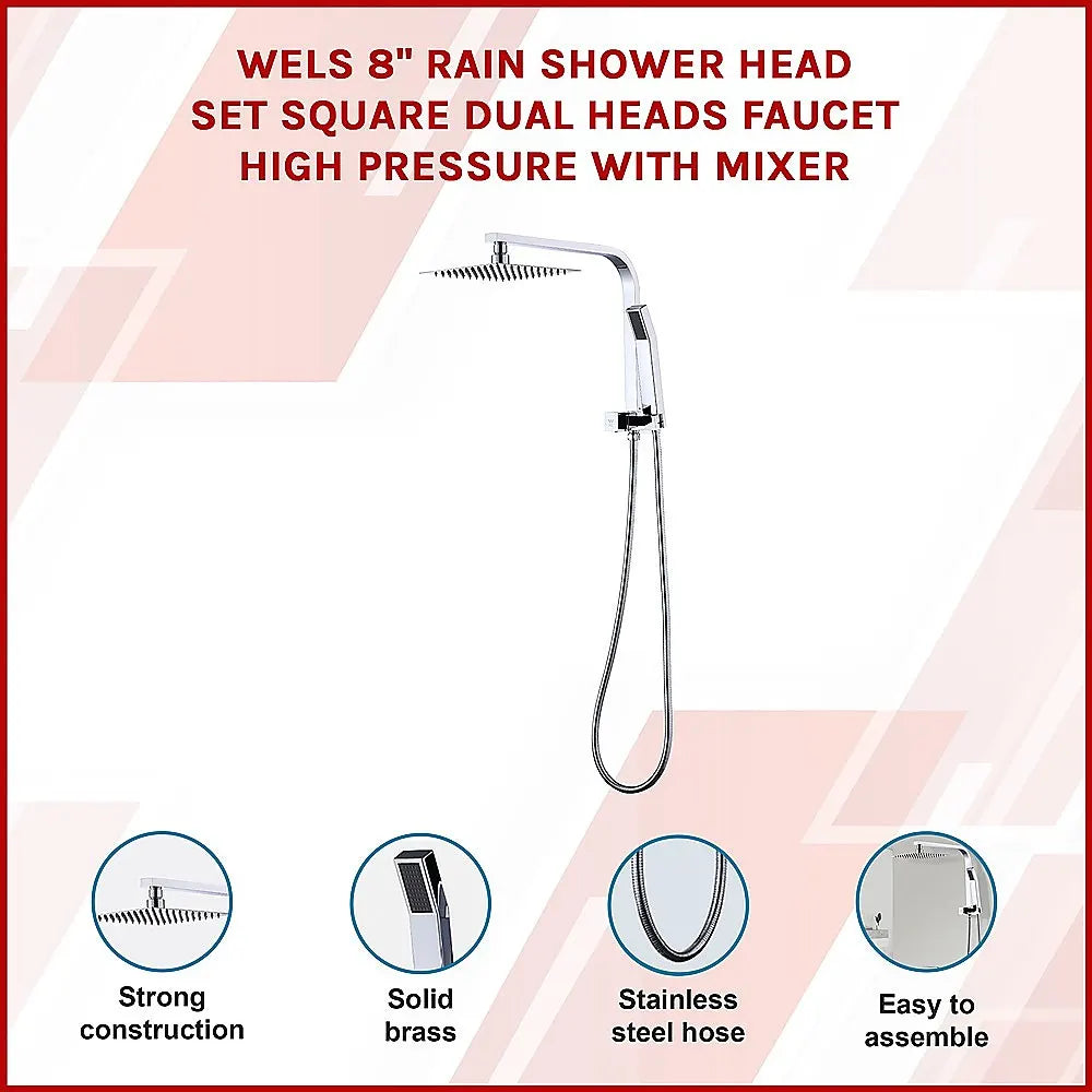 WELS 8" Rain Shower Head Set Square Dual Heads Faucet High Pressure Hand Held - Image 3