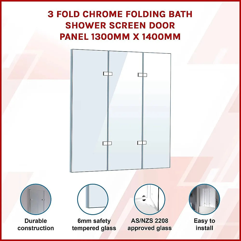 3 Fold Chrome Folding Bath Shower Screen Door Panel 1300mm x 1400mm - Image 3