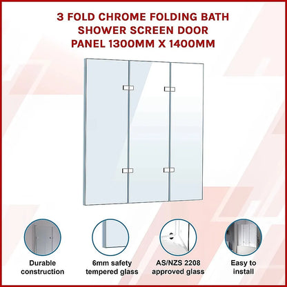 3 Fold Chrome Folding Bath Shower Screen Door Panel 1300mm x 1400mm - Image 3